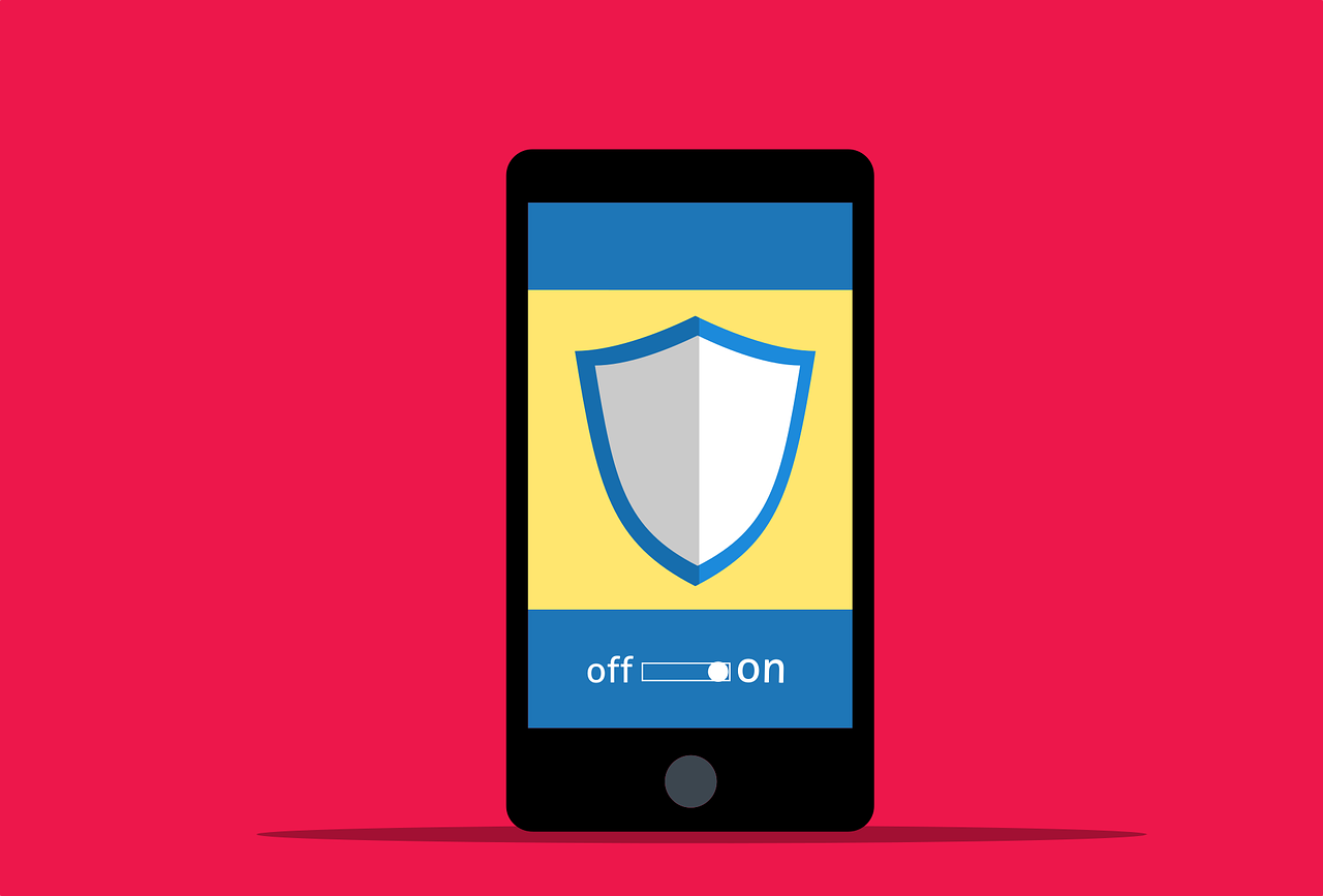 An animated image of a phone with a shield and a bar showing it turned on